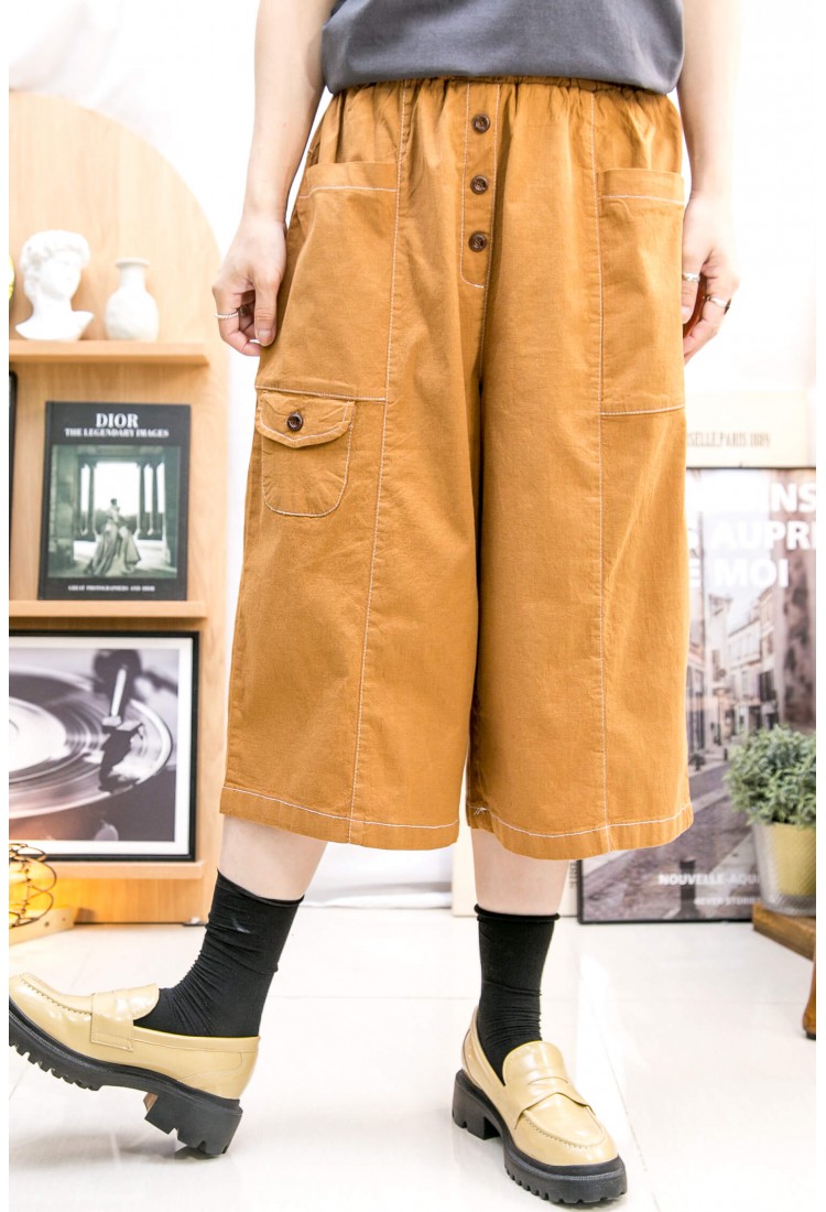 2315-1107A - 設計感 -前幅釘鈕 ‧ 橡根腰 ‧ 拼色車線 麻棉料闊褲 (韓國)  